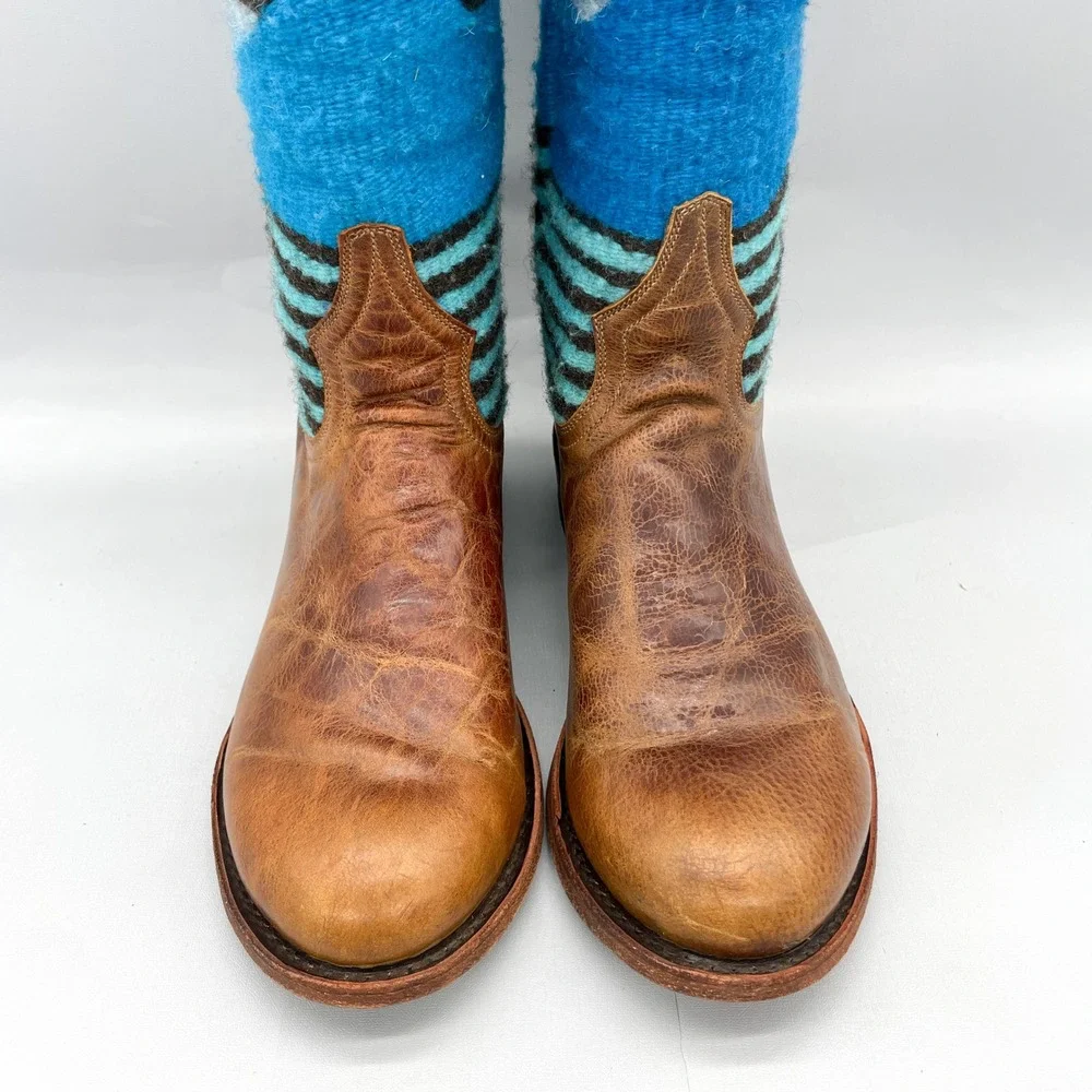 Stetson Womens 9 Serape Aztec Blanket Boots Shoe Blue Brown Tall Western Cowgirl_3